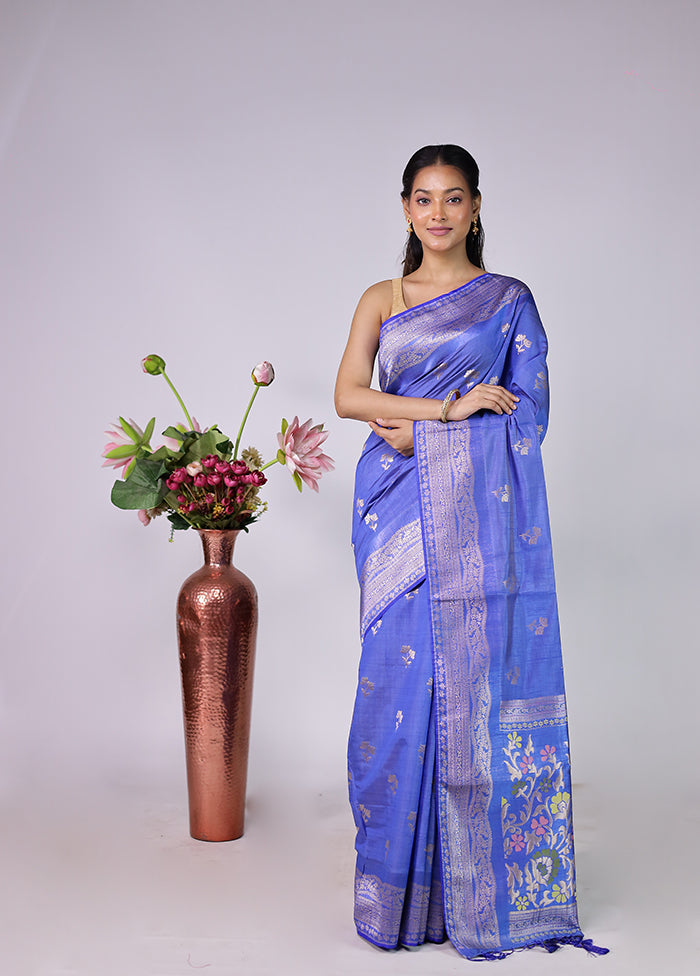 Blue Dupion Silk Saree With Blouse Piece
