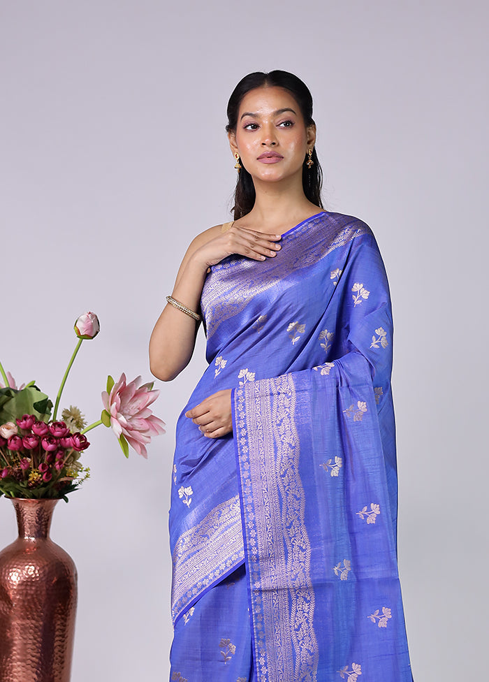 Blue Dupion Silk Saree With Blouse Piece