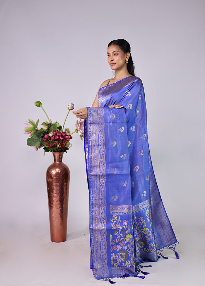 Blue Dupion Silk Saree With Blouse Piece