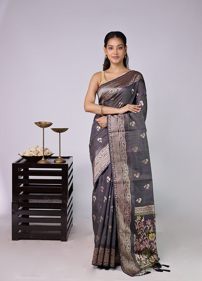 Grey Dupion Silk Saree With Blouse Piece
