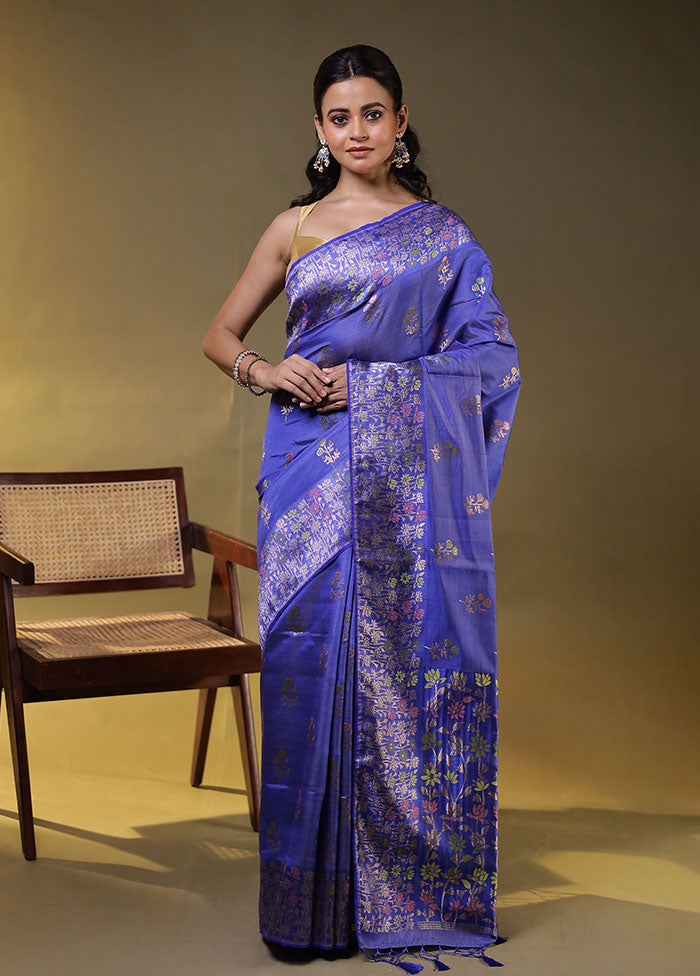 Blue Dupion Silk Saree With Blouse Piece