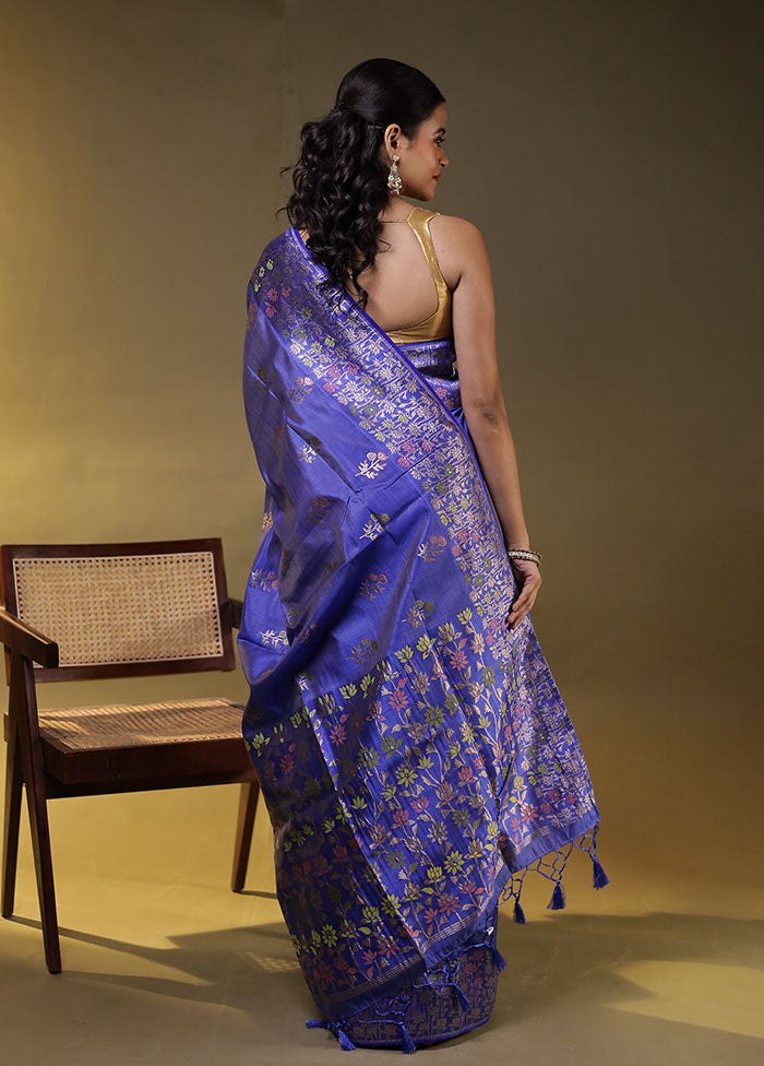 Blue Dupion Silk Saree With Blouse Piece