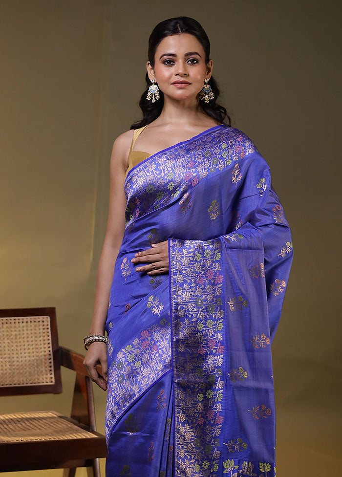 Blue Dupion Silk Saree With Blouse Piece