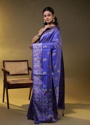 Blue Dupion Silk Saree With Blouse Piece