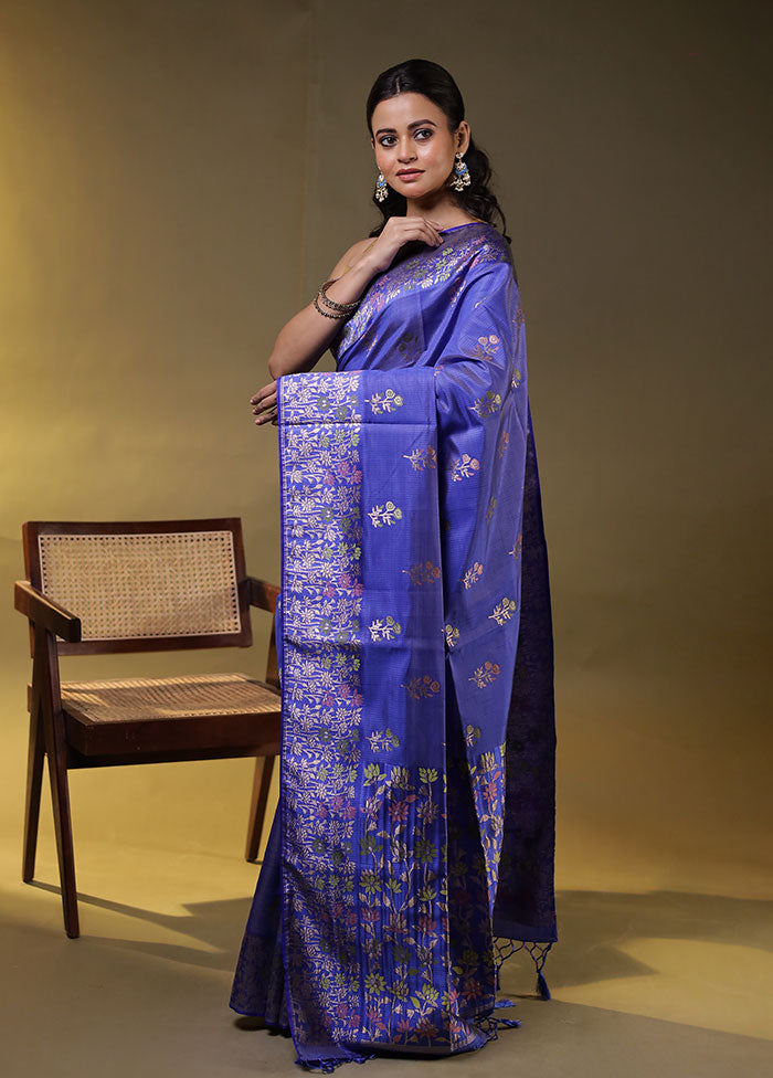 Blue Dupion Silk Saree With Blouse Piece