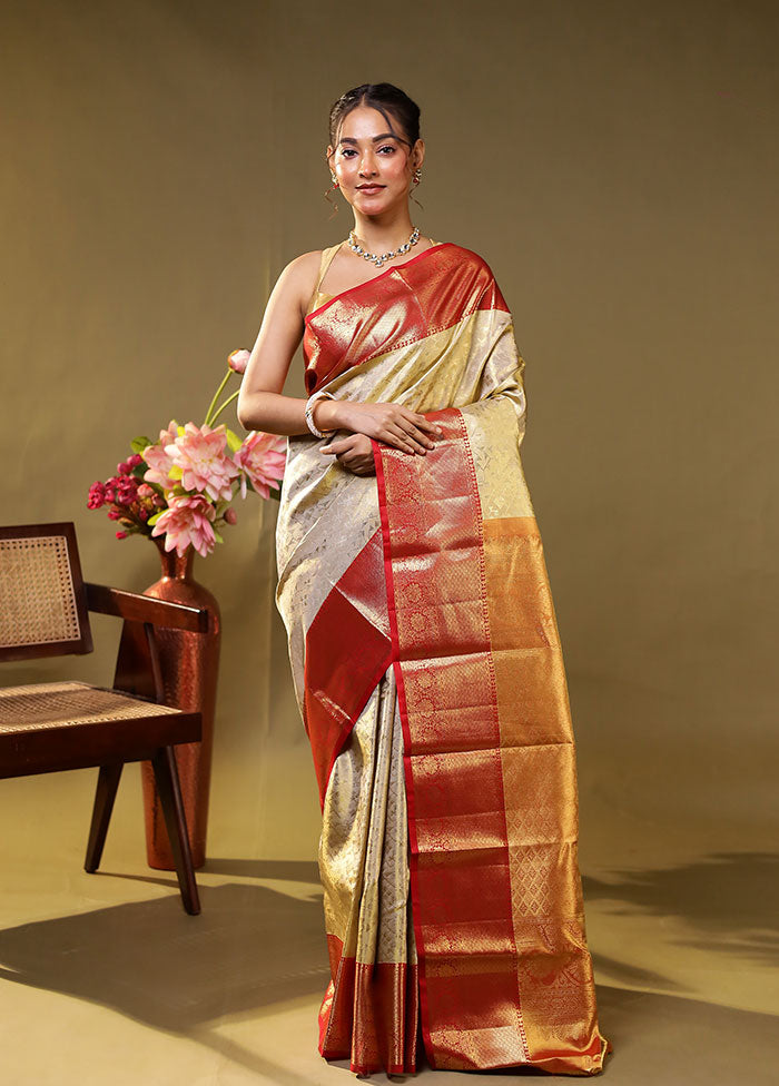 Gold Handloom Kanchipuram Pure Silk Saree With Blouse Piece