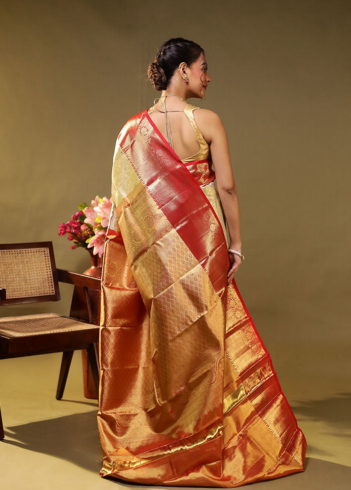 Gold Handloom Kanchipuram Pure Silk Saree With Blouse Piece