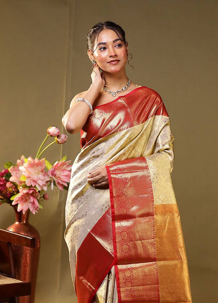 Gold Handloom Kanchipuram Pure Silk Saree With Blouse Piece