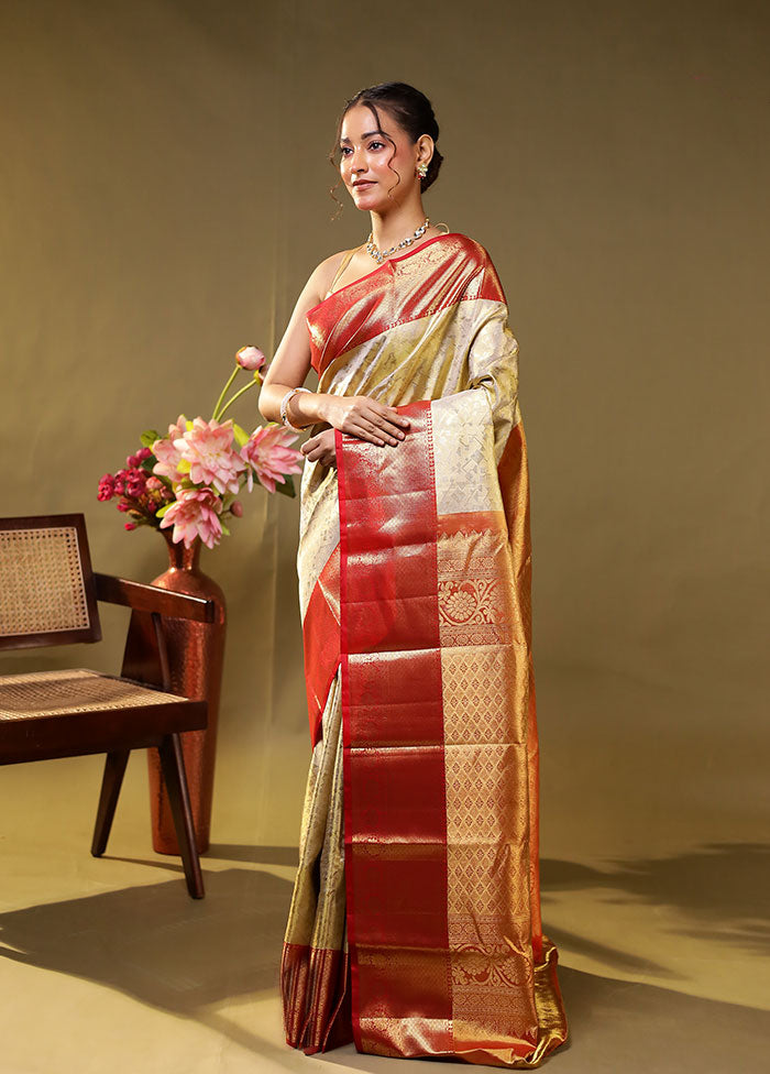 Gold Handloom Kanchipuram Pure Silk Saree With Blouse Piece