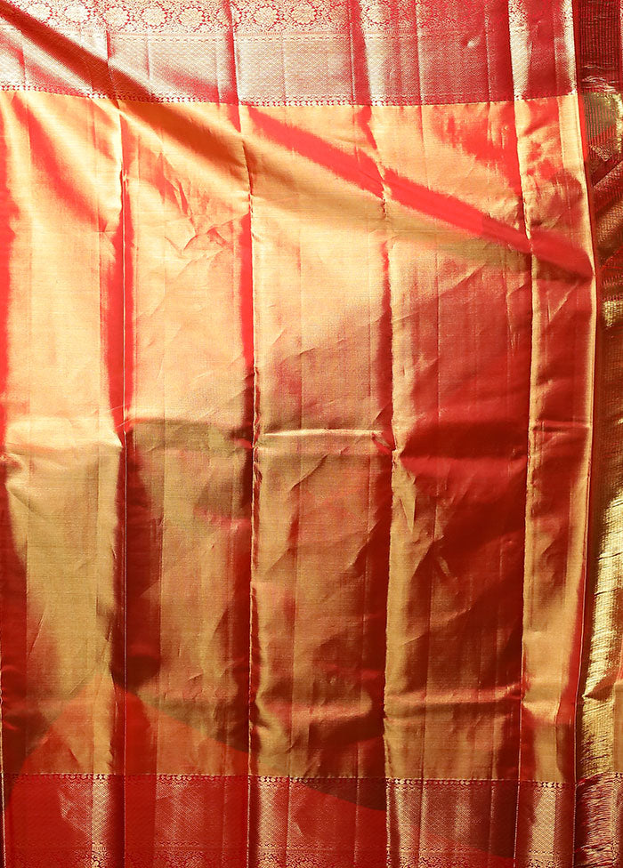 Gold Handloom Kanchipuram Pure Silk Saree With Blouse Piece