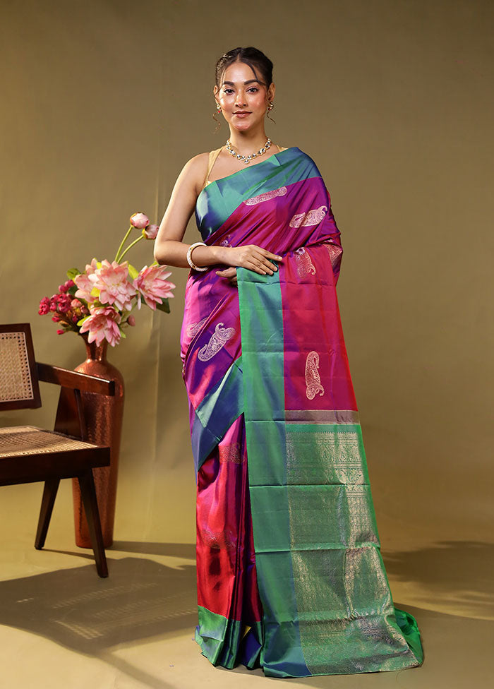 Purple Handloom Kanchipuram Pure Silk Saree With Blouse Piece