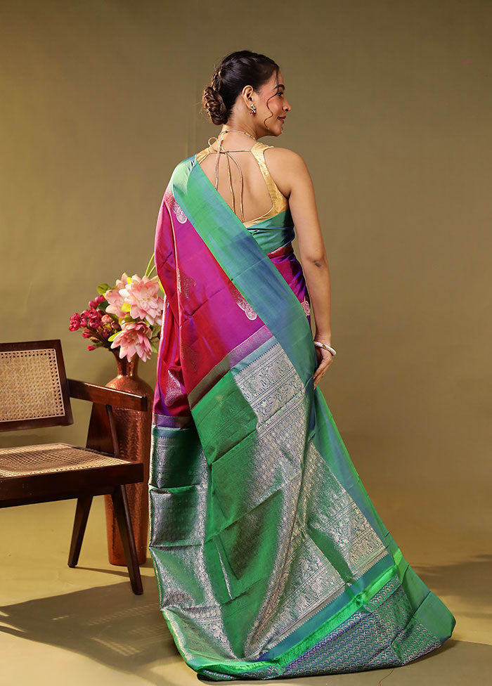 Purple Handloom Kanchipuram Pure Silk Saree With Blouse Piece