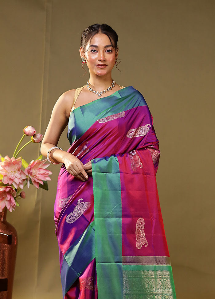 Purple Handloom Kanchipuram Pure Silk Saree With Blouse Piece