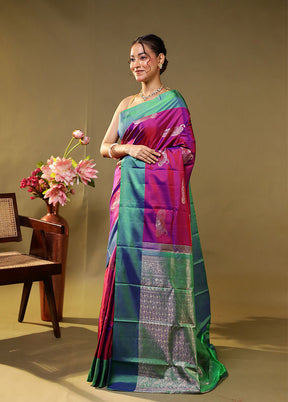 Purple Handloom Kanchipuram Pure Silk Saree With Blouse Piece