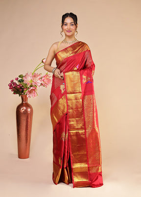 Red Handloom Kanchipuram Pure Silk Saree With Blouse Piece