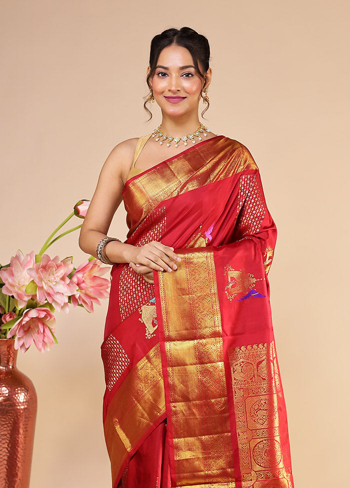 Red Handloom Kanchipuram Pure Silk Saree With Blouse Piece