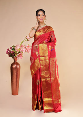 Red Handloom Kanchipuram Pure Silk Saree With Blouse Piece