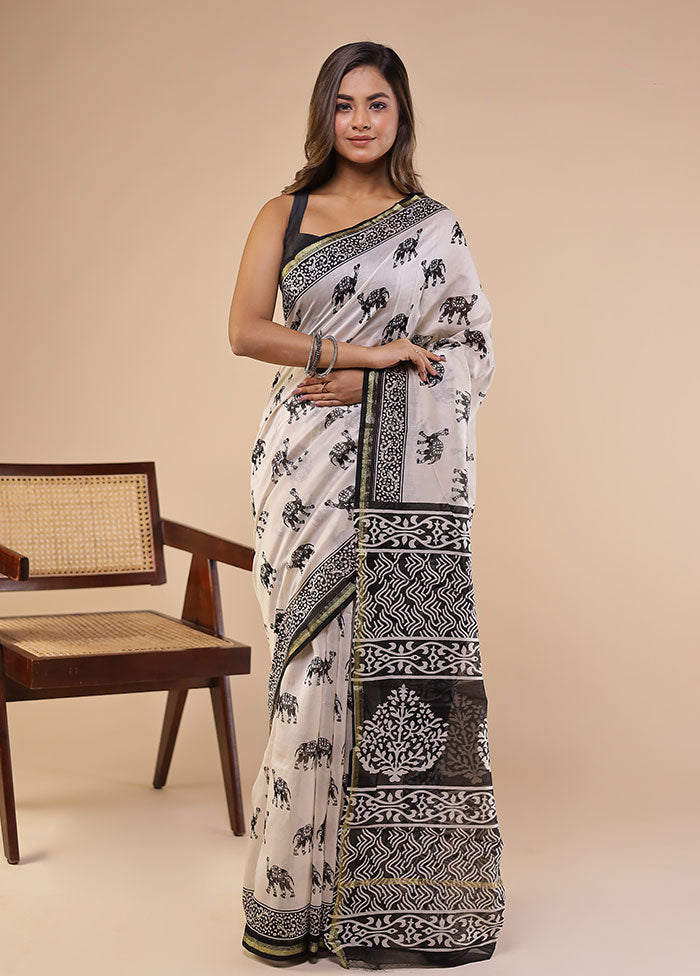 White Chanderi Silk Saree With Blouse Piece