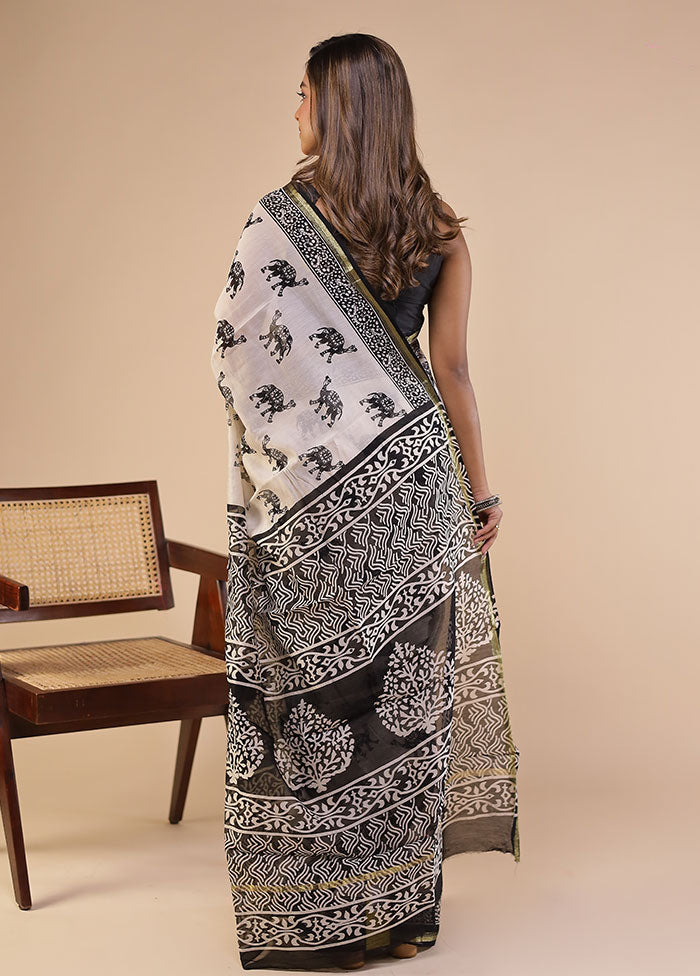 White Chanderi Silk Saree With Blouse Piece