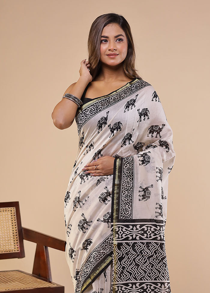 White Chanderi Silk Saree With Blouse Piece