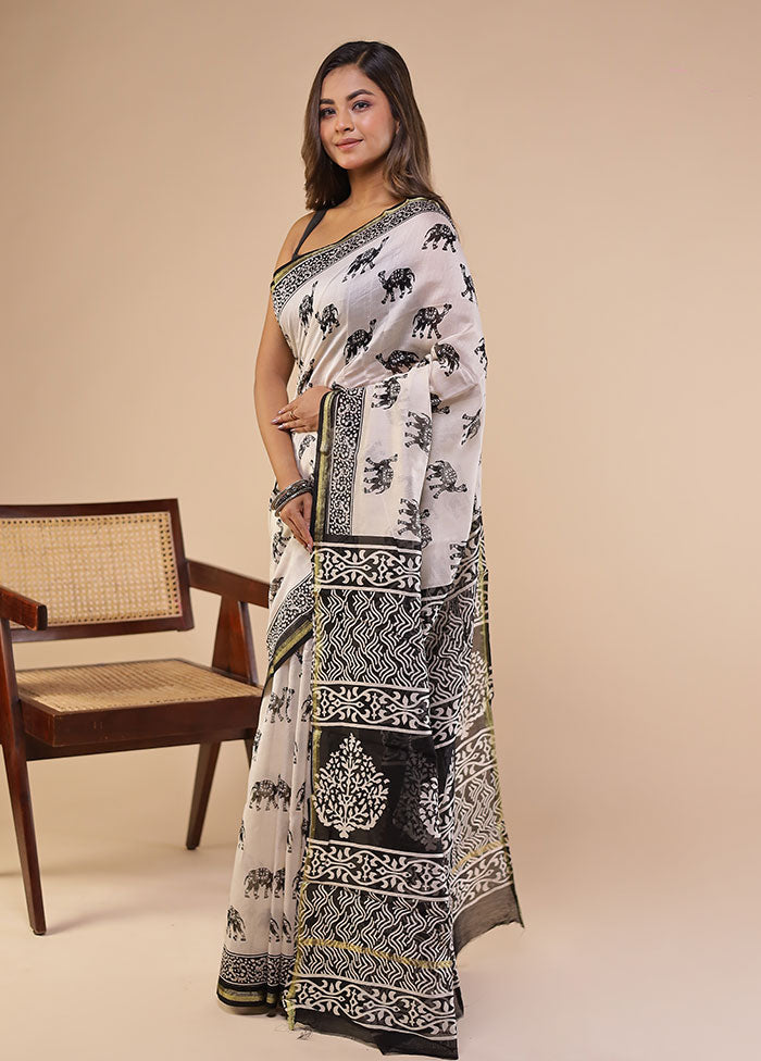 White Chanderi Silk Saree With Blouse Piece