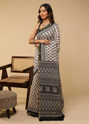 White Chanderi Silk Saree With Blouse Piece