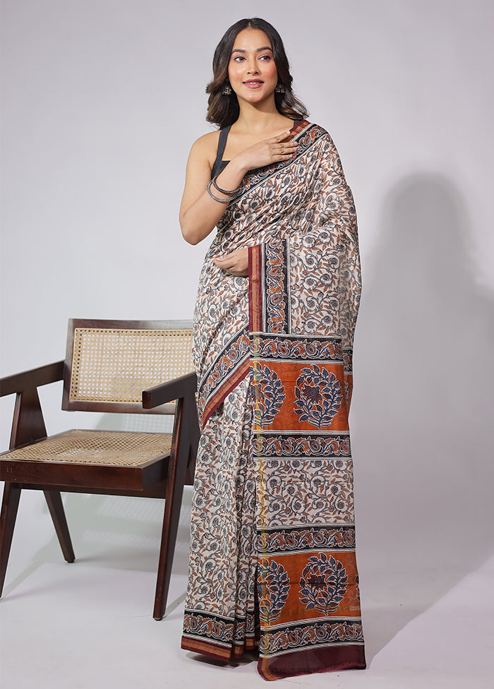 White Chanderi Silk Saree With Blouse Piece
