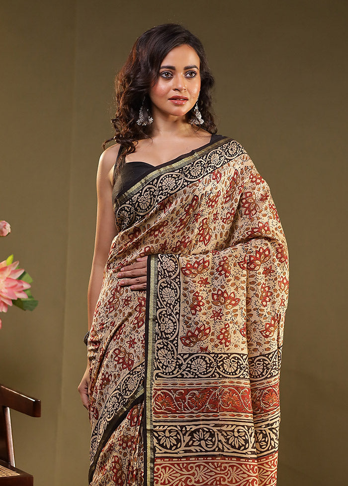 Cream Chanderi Silk Saree With Blouse Piece