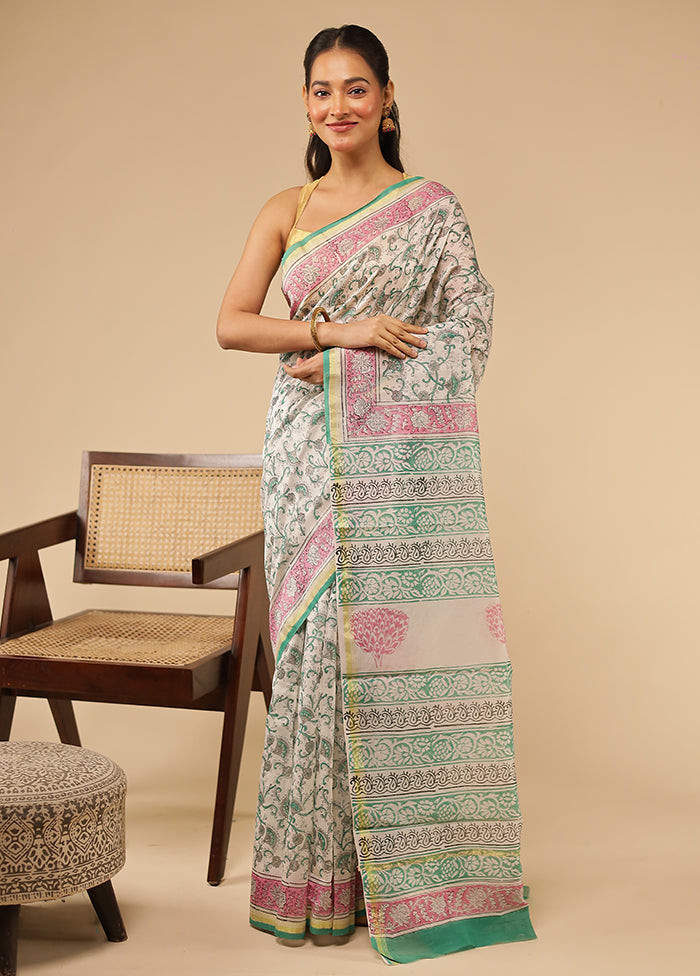 White Chanderi Silk Saree With Blouse Piece