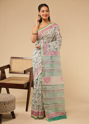 White Chanderi Silk Saree With Blouse Piece