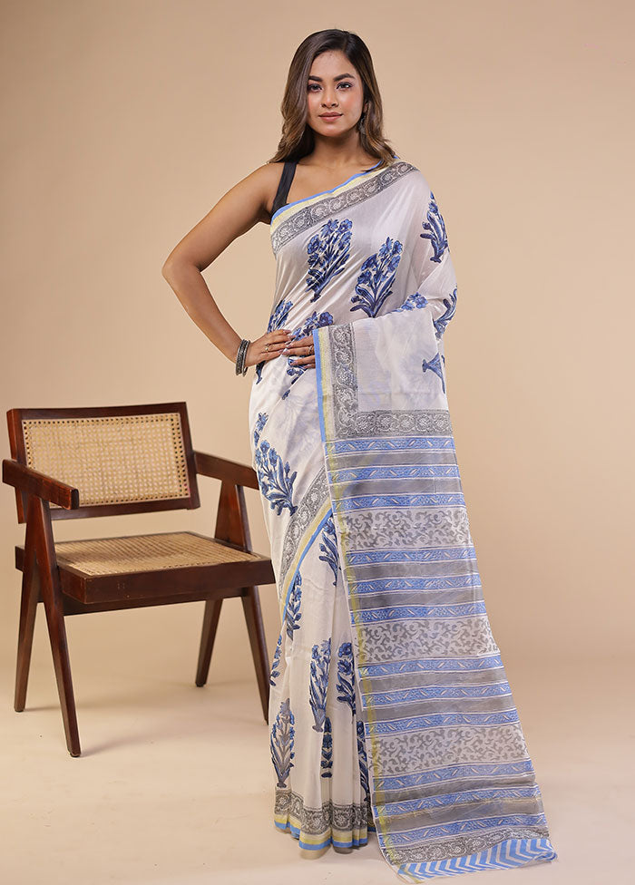 White Chanderi Silk Saree With Blouse Piece