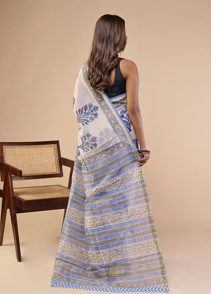 White Chanderi Silk Saree With Blouse Piece