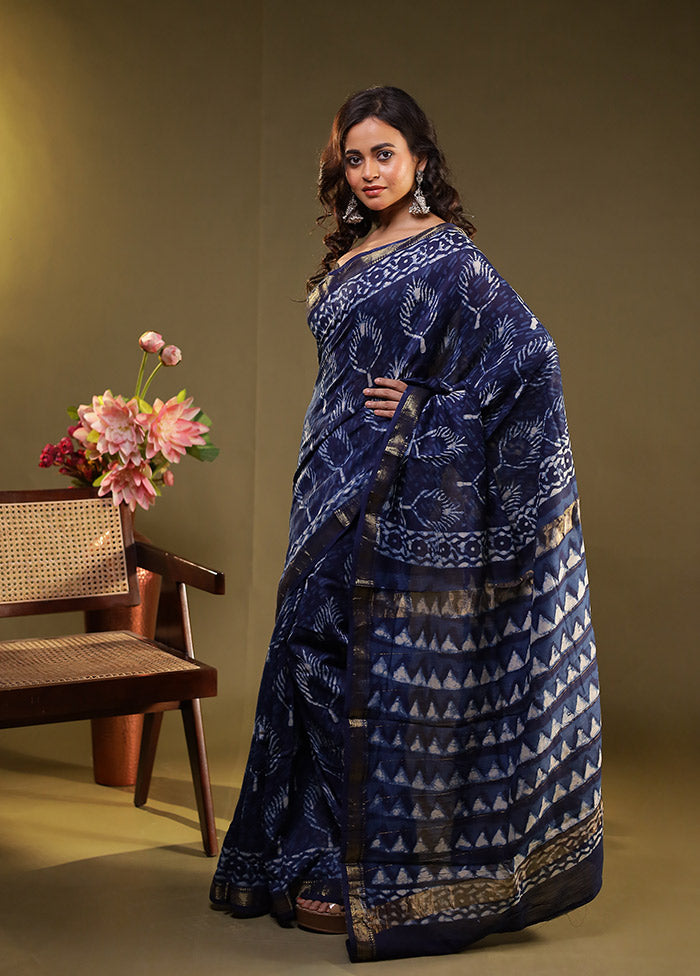 Blue Chanderi Silk Saree With Blouse Piece