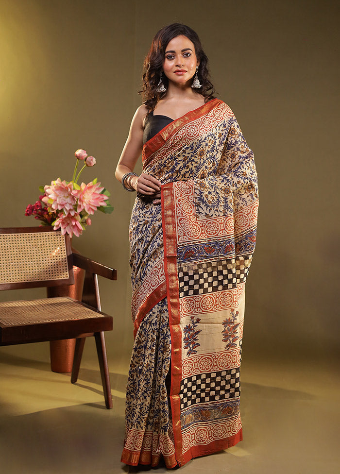 Cream Chanderi Silk Saree With Blouse Piece