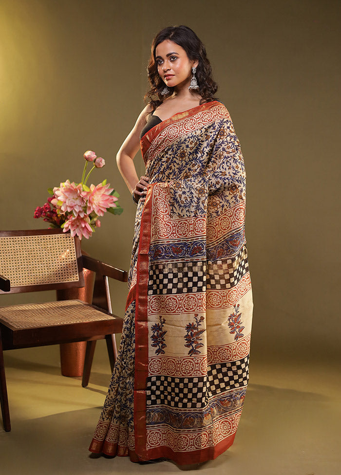 Cream Chanderi Silk Saree With Blouse Piece