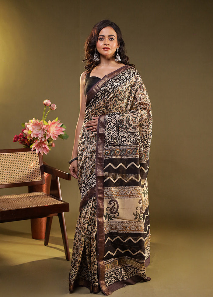 Cream Chanderi Silk Saree With Blouse Piece