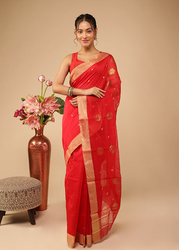 Red Chanderi Silk Saree With Blouse Piece