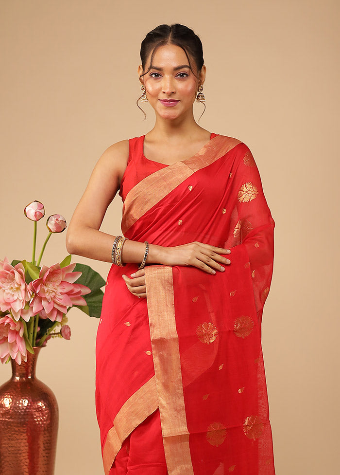 Red Chanderi Silk Saree With Blouse Piece