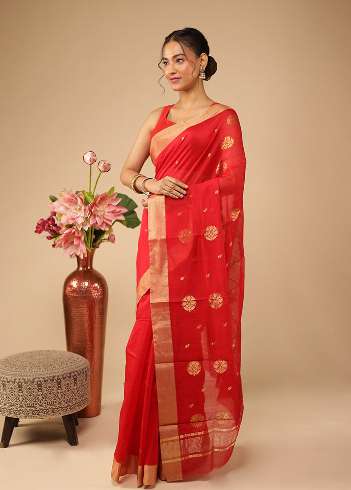 Red Chanderi Silk Saree With Blouse Piece