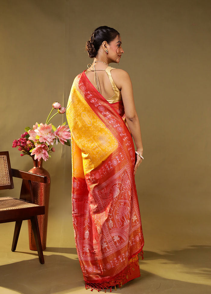 Yellow Dupion Silk Saree With Blouse Piece