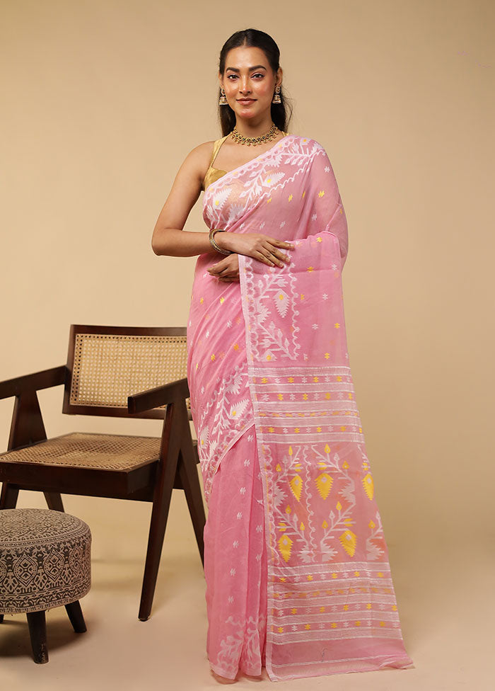 Pink Jamdani Cotton Saree Without Blouse Piece