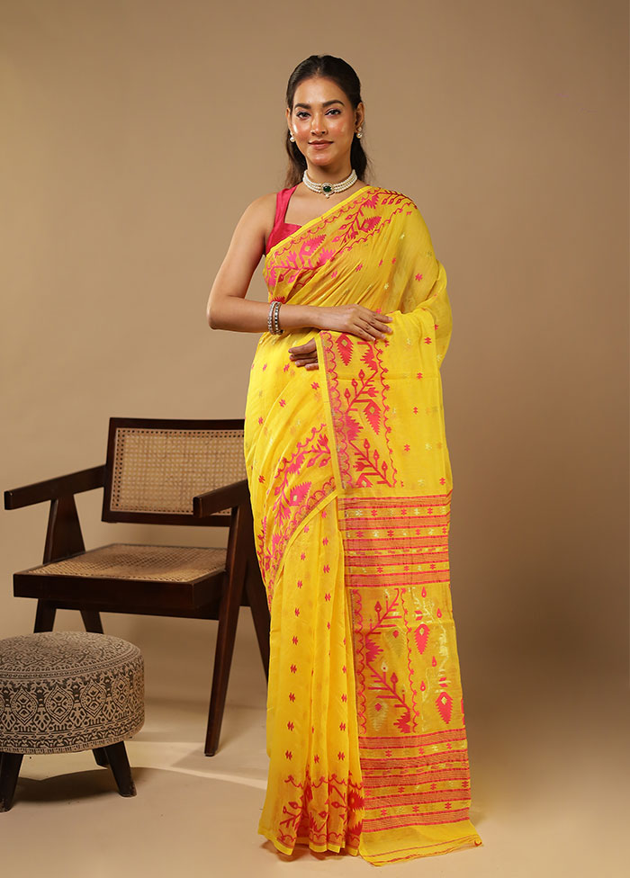 Yellow Jamdani Cotton Saree With Blouse Piece