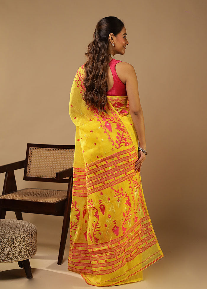 Yellow Jamdani Cotton Saree With Blouse Piece