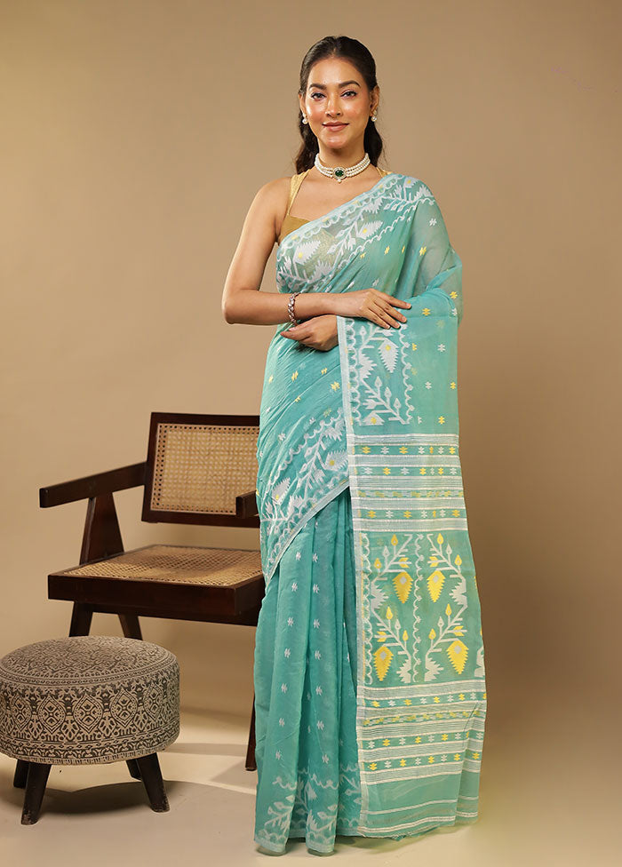 Blue Jamdani Cotton Saree Without Blouse Piece