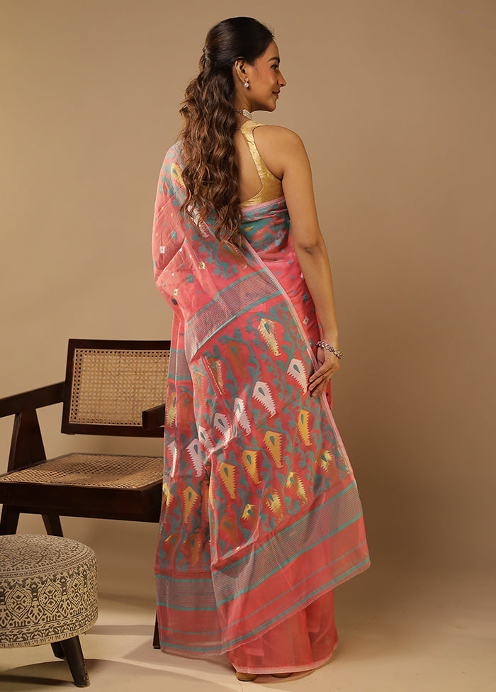 Pink Jamdani Cotton Saree Without Blouse Piece