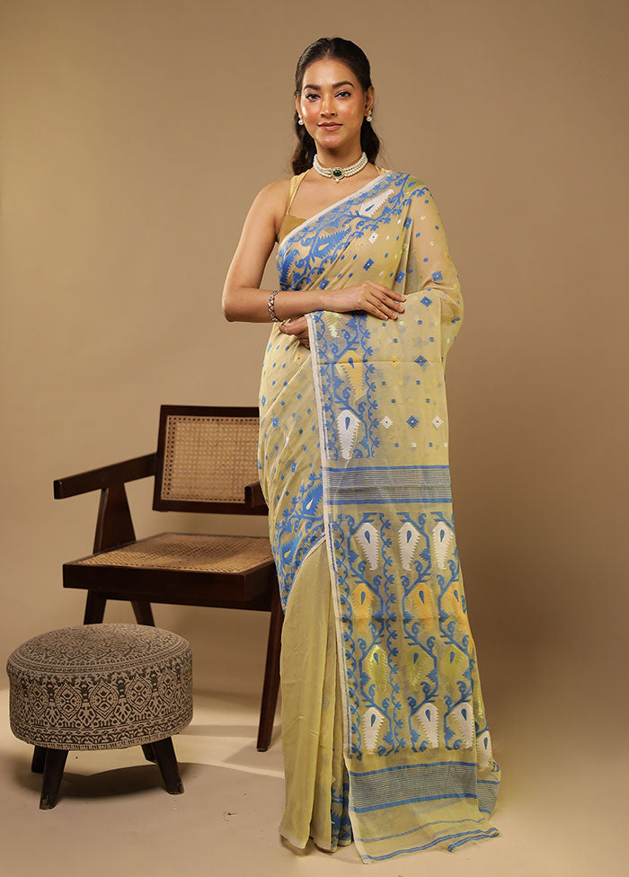 Cream Jamdani Cotton Saree Without Blouse Piece