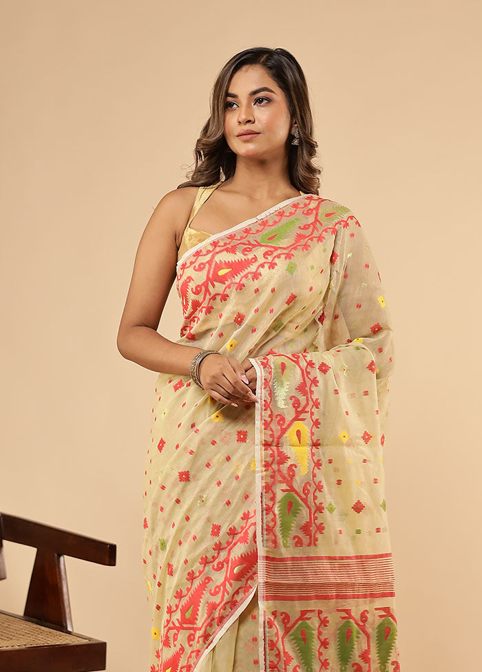 Cream Jamdani Cotton Saree With Blouse Piece