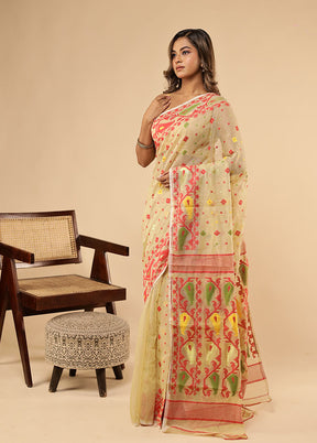 Cream Jamdani Cotton Saree With Blouse Piece