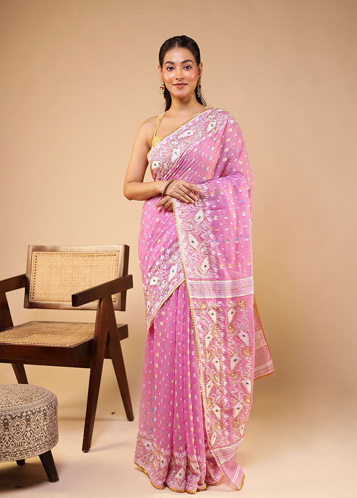 Pink Jamdani Cotton Saree Without Blouse Piece