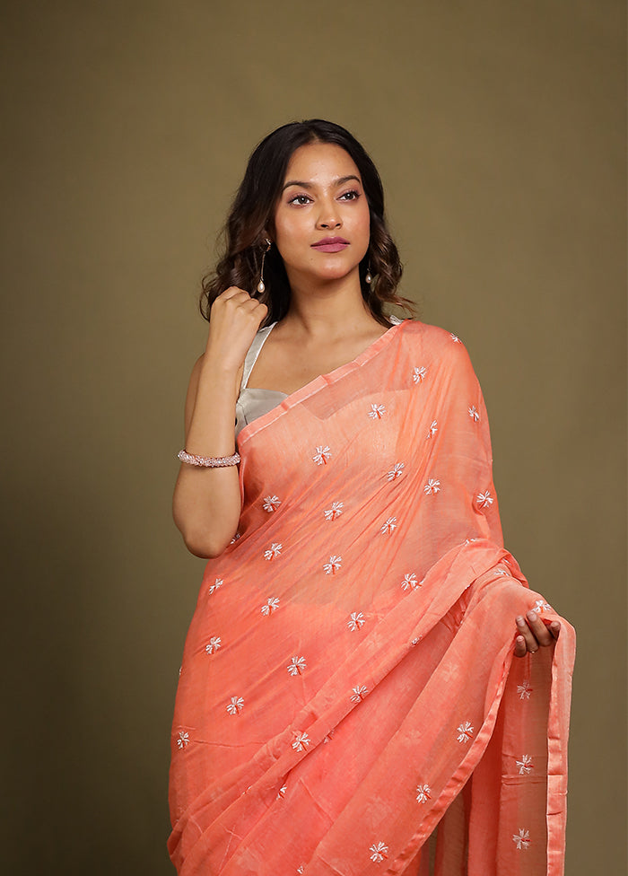 Peach Matka Silk Saree With Blouse Piece